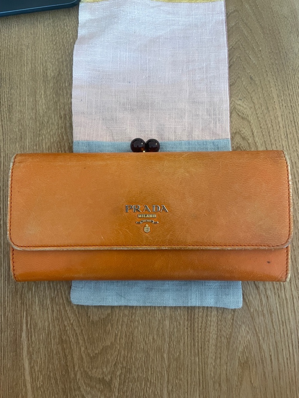 Prada Papaya Orange Pebbled Leather Continental Wallet Gold Log - Picture 5 of 14